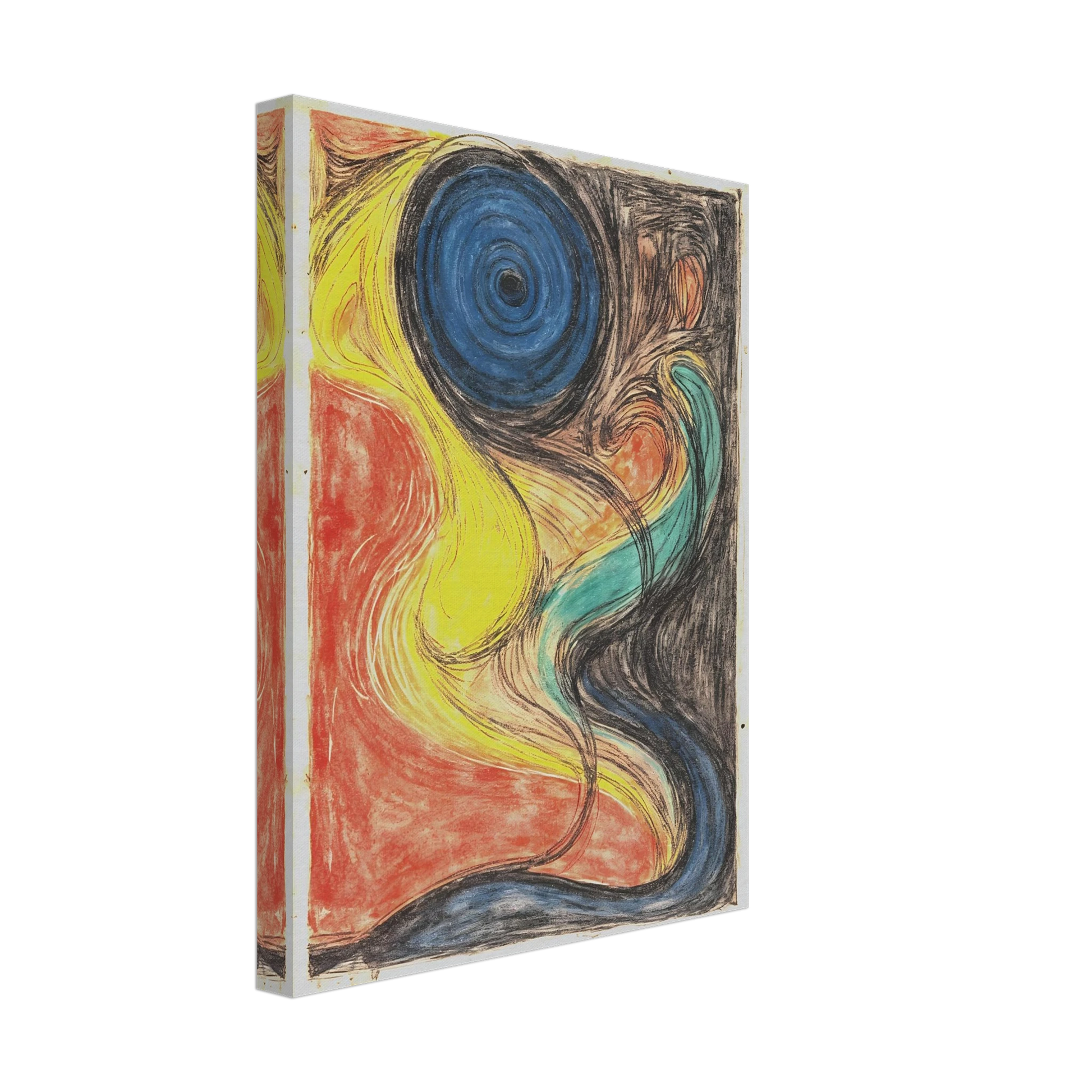 Flowing abstract lines weave through fiery red, luminous yellow, deep blue, and shadowed black, evoking cosmic movement and elemental energy.
