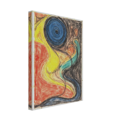 Flowing abstract lines weave through fiery red, luminous yellow, deep blue, and shadowed black, evoking cosmic movement and elemental energy.