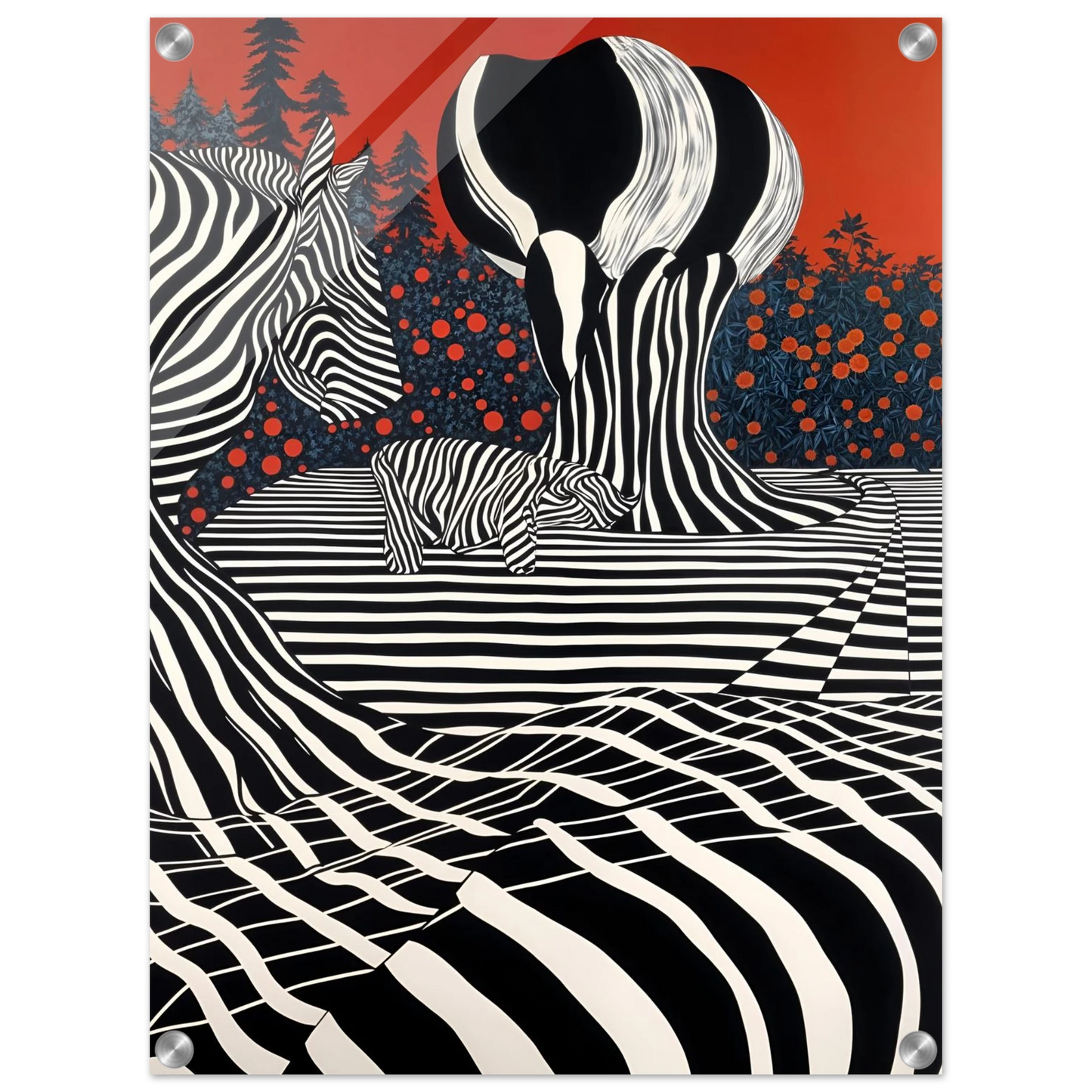 Stylized zebras and trees blend into black-and-white stripes against a deep red sky, merging nature with bold graphic art.