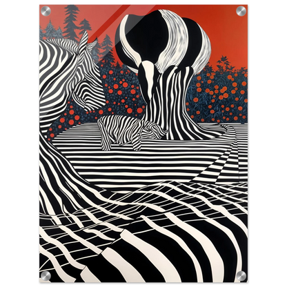 Stylized zebras and trees blend into black-and-white stripes against a deep red sky, merging nature with bold graphic art.