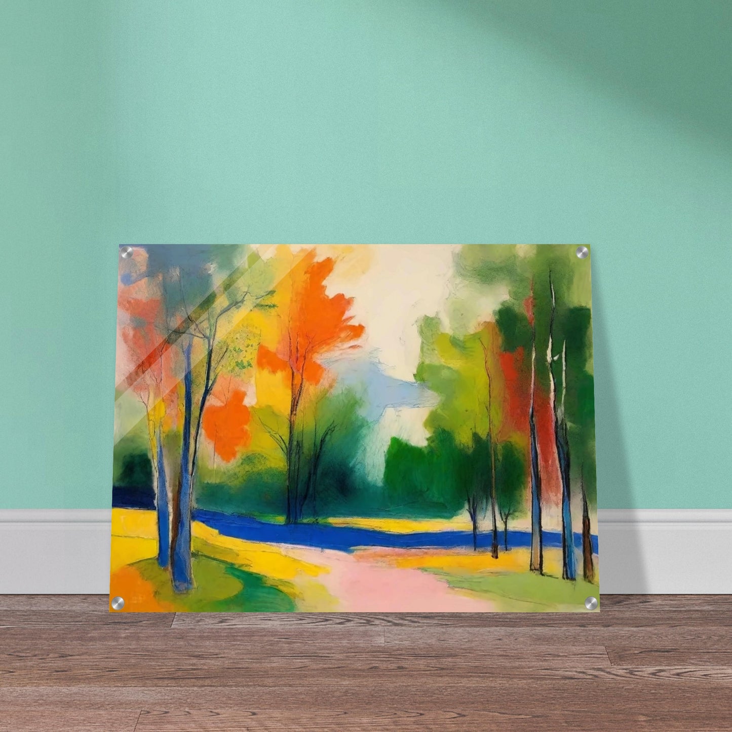 A colorful abstract painting of an autumn landscape, featuring vibrant orange, yellow, green, and blue hues. Trees with slender trunks are scattered throughout the scene, and a winding path leads through the colorful foliage.