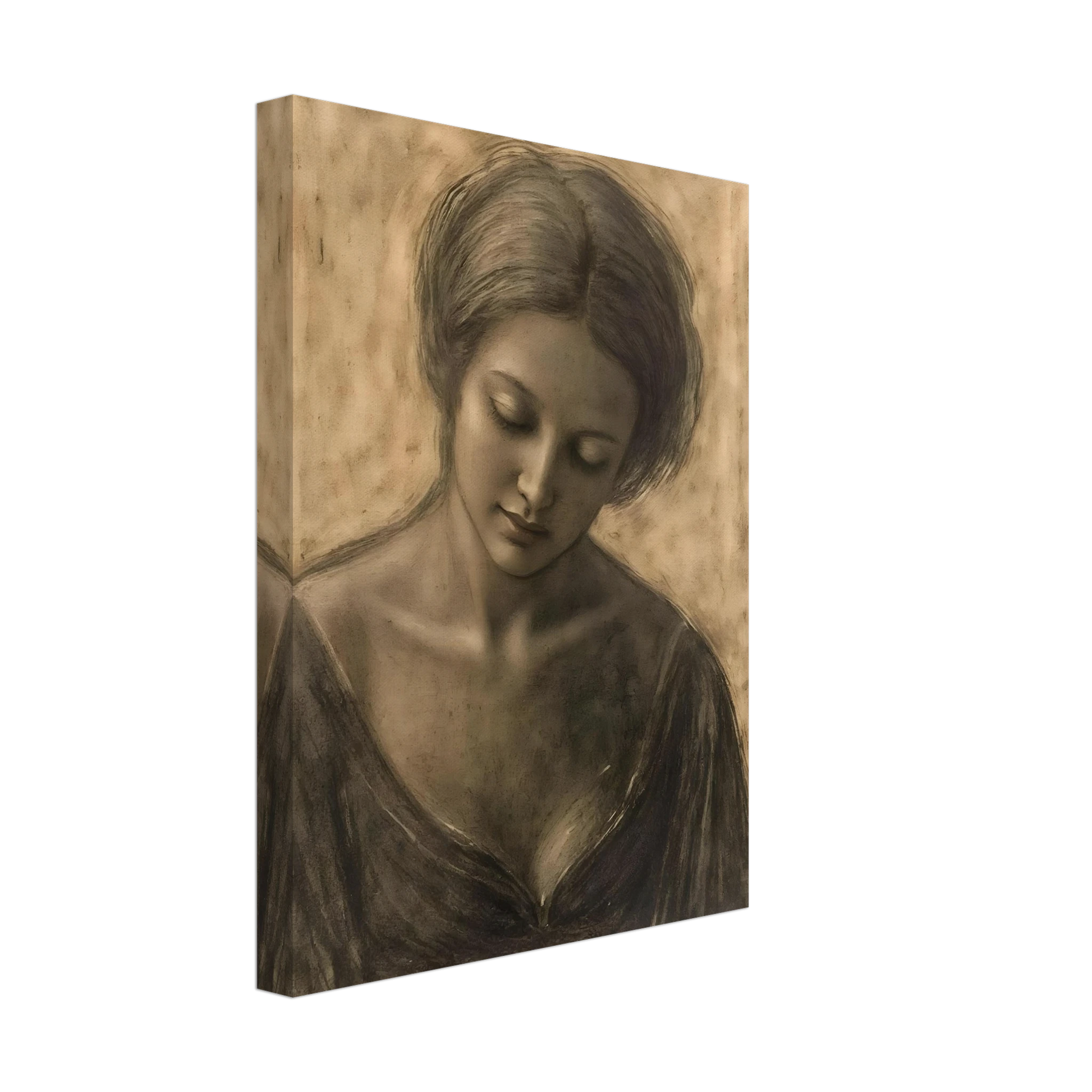 A soft sepia portrait of a contemplative woman with lowered gaze, delicate features, and timeless elegance.