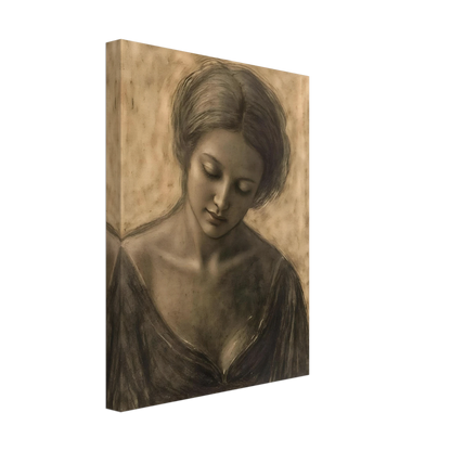 A soft sepia portrait of a contemplative woman with lowered gaze, delicate features, and timeless elegance.