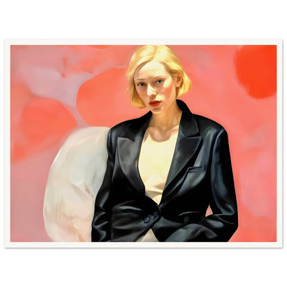 A striking portrait of a blonde woman in a black leather blazer, seated against a vibrant pink and red abstract background, exuding confidence and poise.