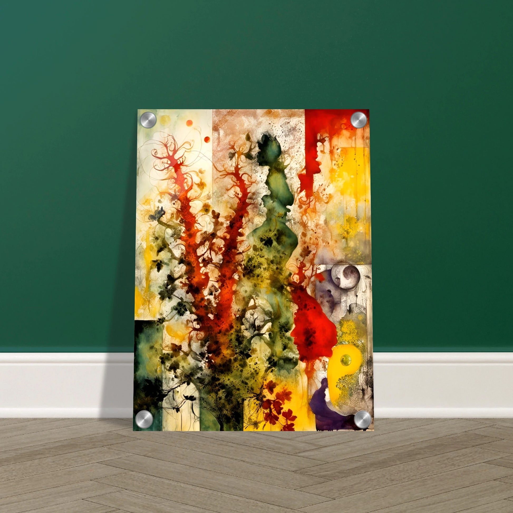 Vivid bursts of red, green, and yellow flow across abstract silhouettes and flora in a dreamlike, nature-inspired composition.