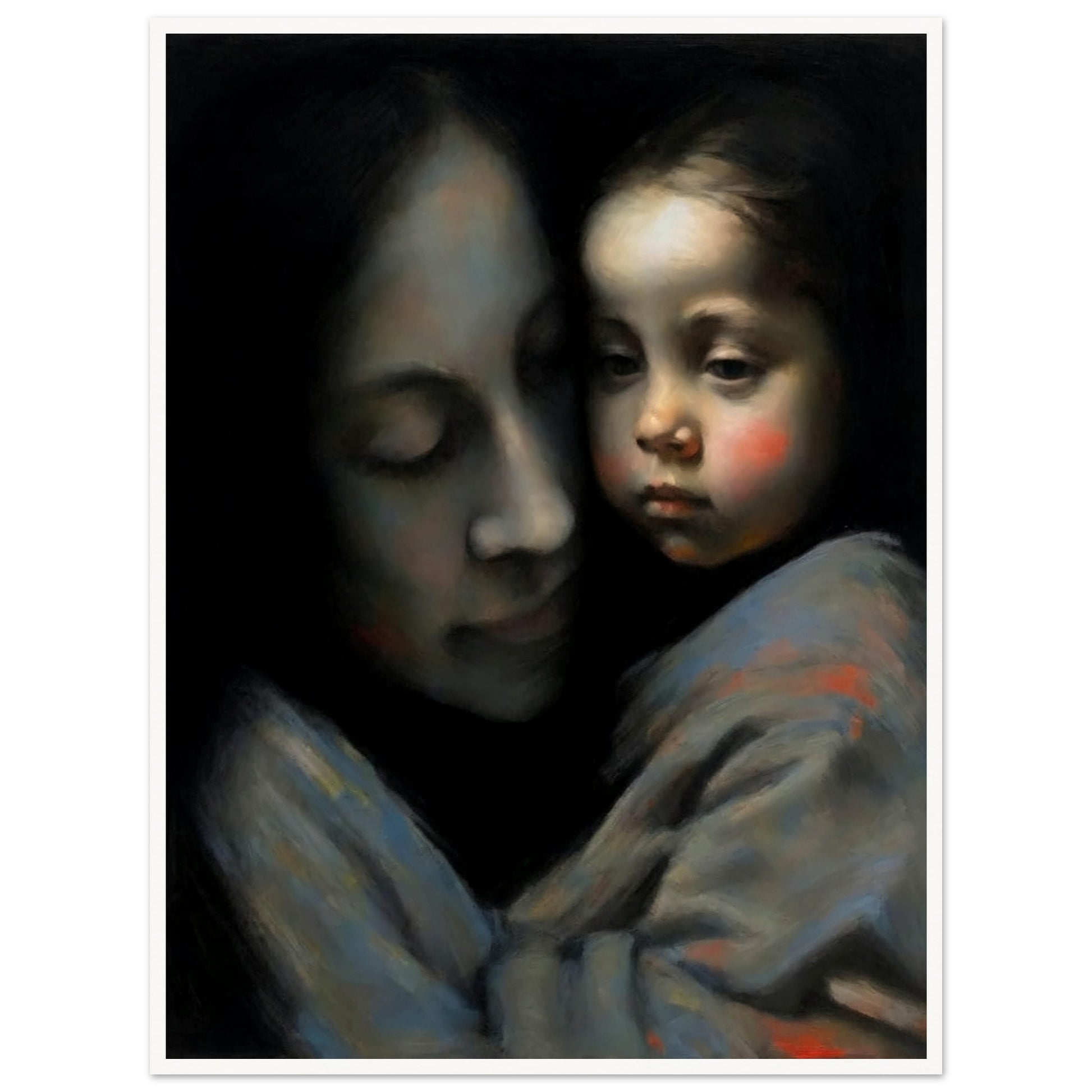 An evocative painting of a mother tenderly holding her child, both faces expressing deep affection and serenity.