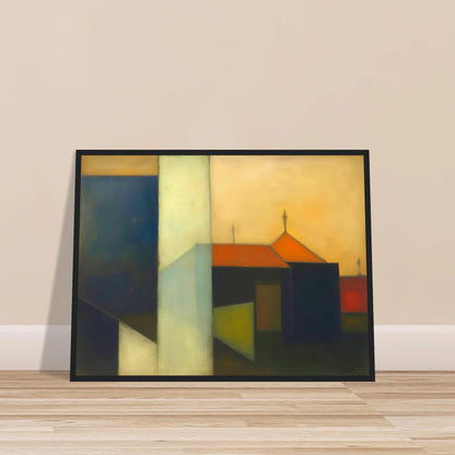 A minimalist expressionist townscape featuring geometric buildings in deep blue, cream, and black tones, accented by warm orange rooftops beneath a glowing golden sky.