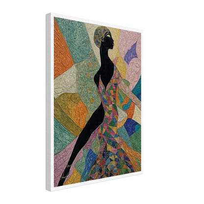 "A dynamic painting featuring a woman in a bold, geometric dress full of colors, poised in elegant motion, set against a vibrant abstract background."