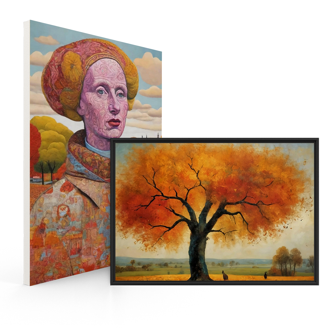 Two fall-themed art pieces: a vivid portrait of a figure with intricate patterns in warm tones, and a framed artwork of a large autumn tree in a golden field.