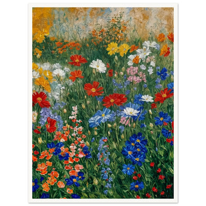 A lush, multi-colored floral garden in full bloom, with a harmonious blend of reds, whites, and blues against a warm backdrop.