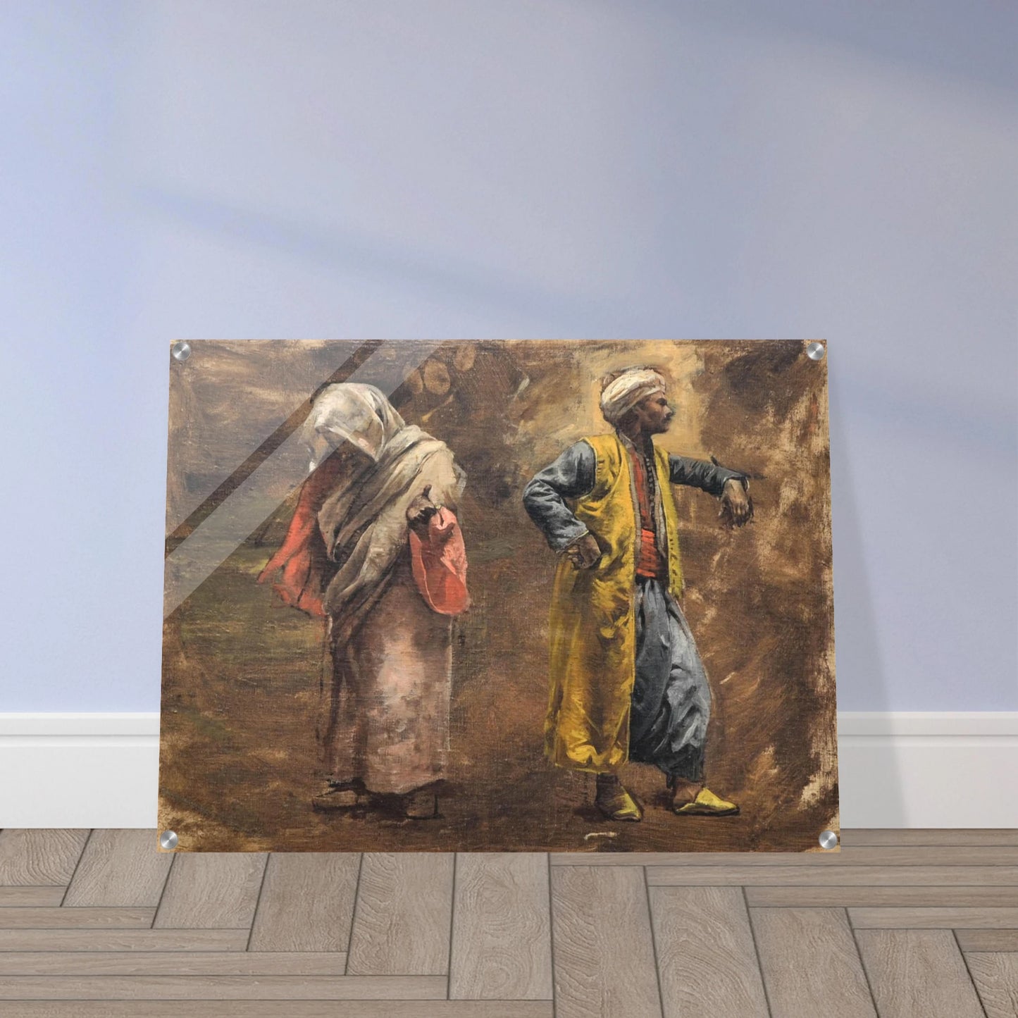 A veiled woman and turbaned man in colorful robes stand against a warm, painterly brown background.