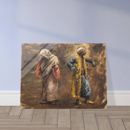 A veiled woman and turbaned man in colorful robes stand against a warm, painterly brown background.