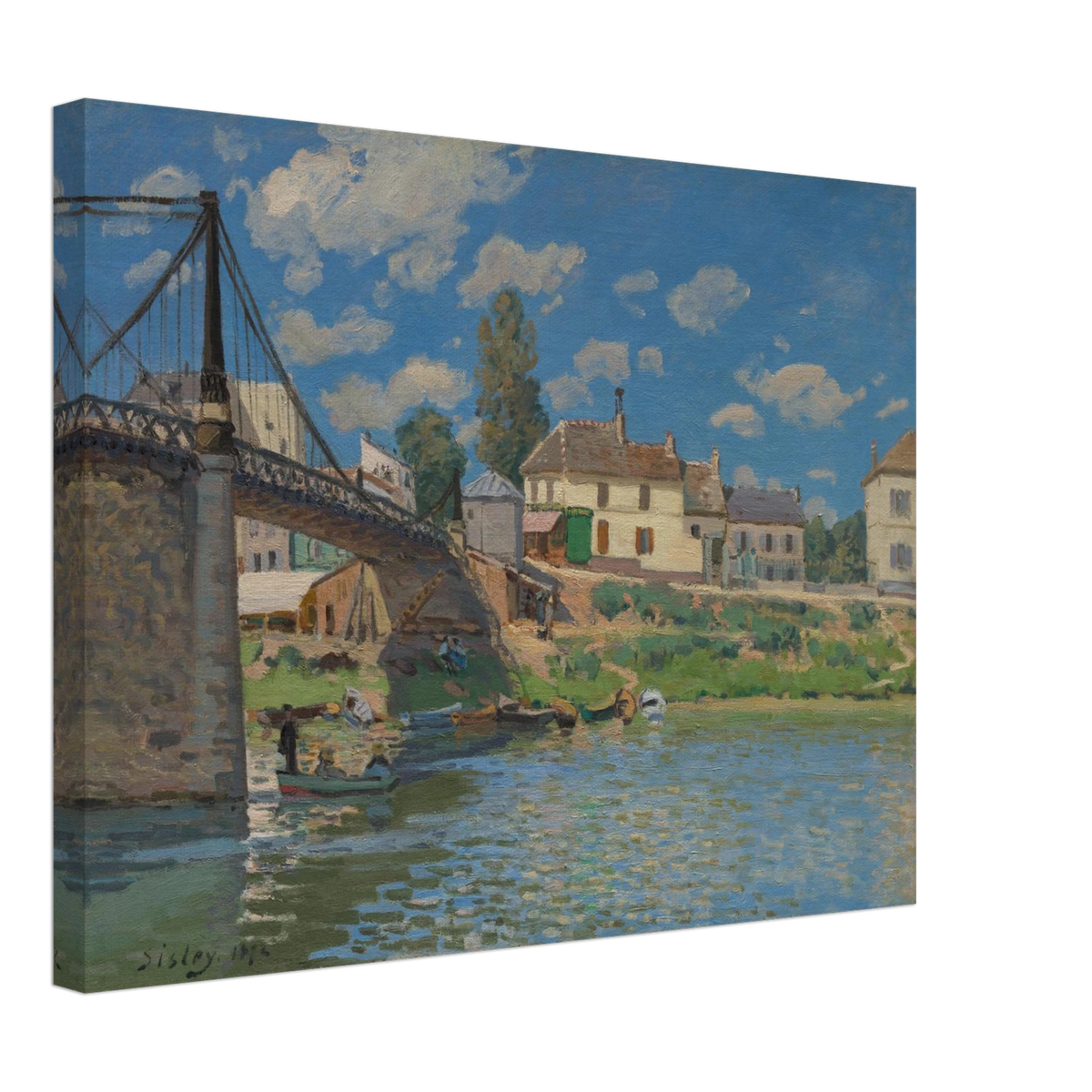 A suspension bridge, riverside houses, and small boats line the Seine under a bright blue sky.