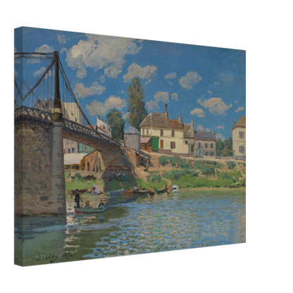 A suspension bridge, riverside houses, and small boats line the Seine under a bright blue sky.
