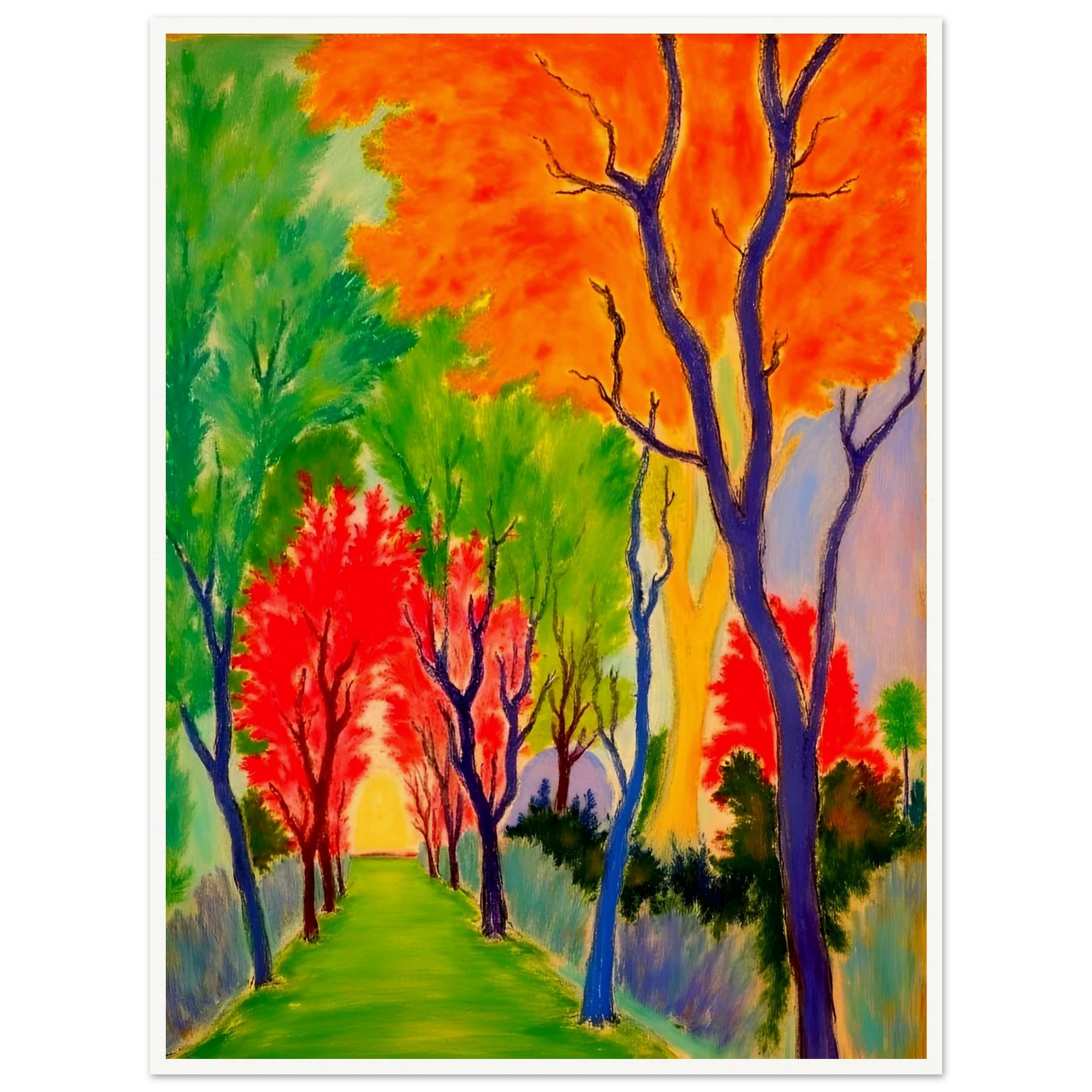 A vivid forest pathway glowing with fiery orange, green, and red trees, symbolizing nature’s changing seasons and renewal.