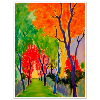 A vivid forest pathway glowing with fiery orange, green, and red trees, symbolizing nature’s changing seasons and renewal.