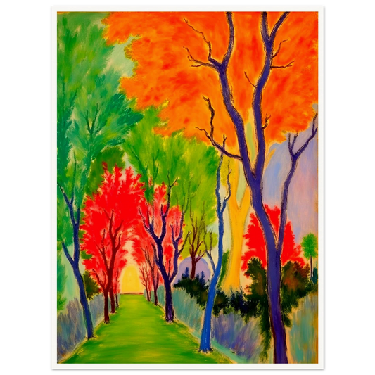 A vivid forest pathway glowing with fiery orange, green, and red trees, symbolizing nature’s changing seasons and renewal.