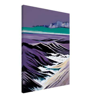 A striking seascape with deep purple mountains, foamy white waves, and a teal horizon beneath dramatic cloud formations.