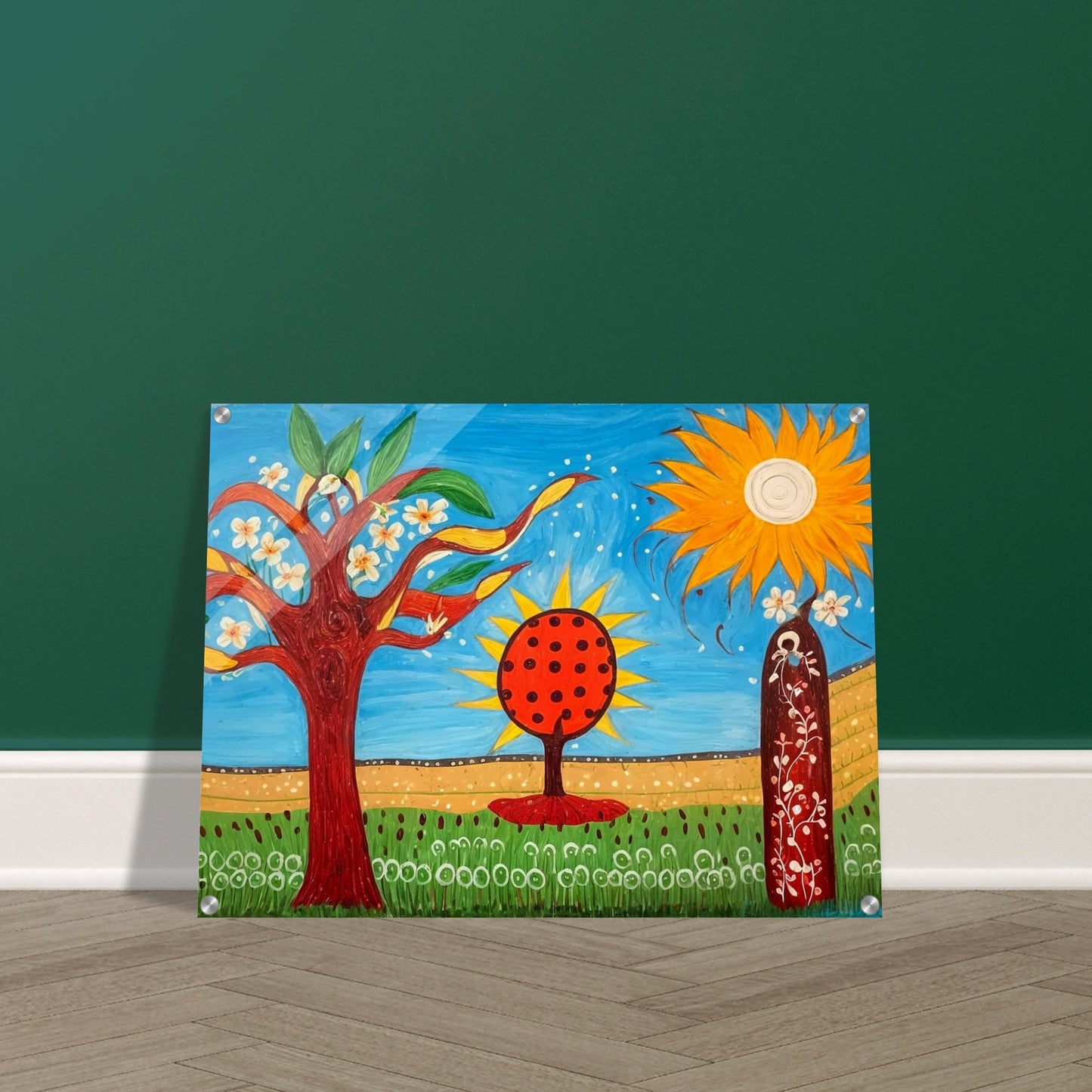 A whimsical, colorful landscape painting featuring blossoming trees, a bright orange tree with black dots, a large radiant sun, and a figure standing amidst flowers, evoking joy and fantasy.