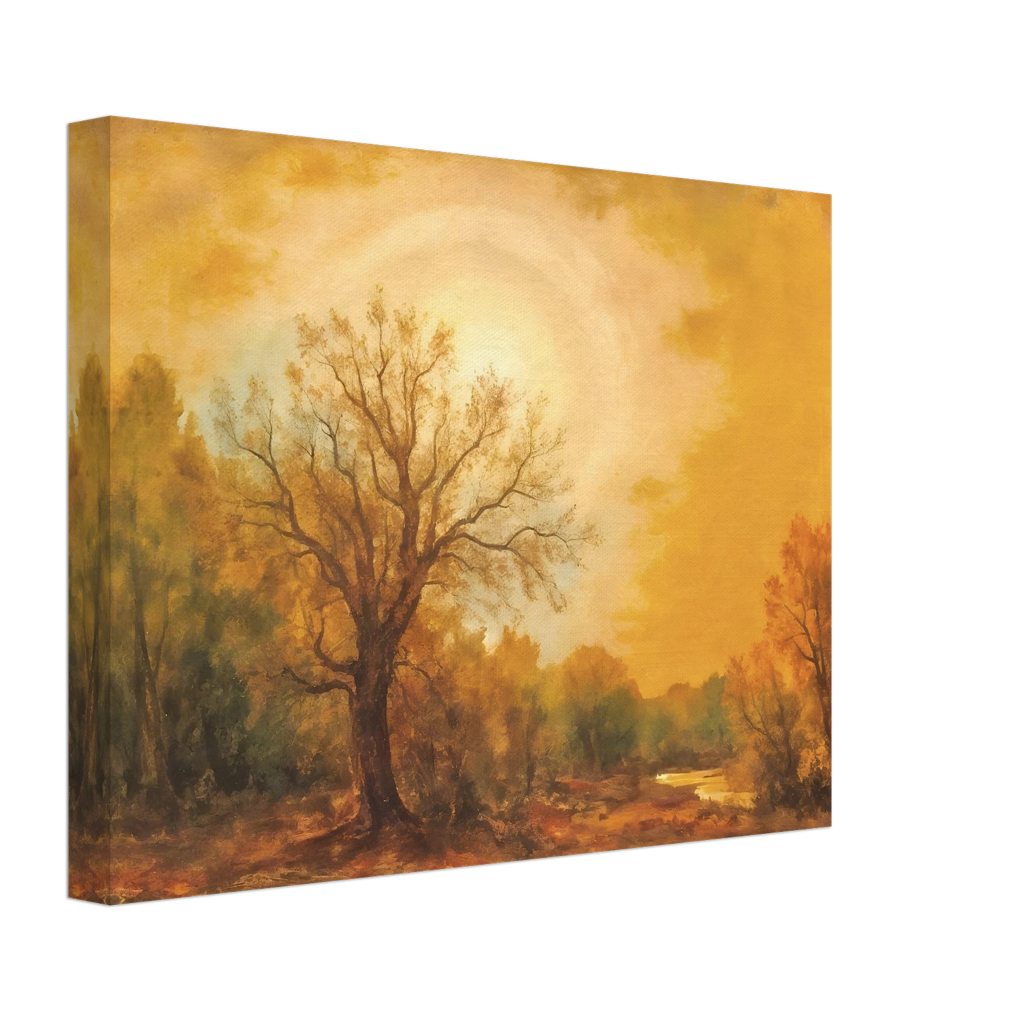 Golden sunset glows over a quiet woodland river with tall trees and warm autumn light.
