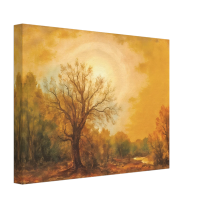 Golden sunset glows over a quiet woodland river with tall trees and warm autumn light.