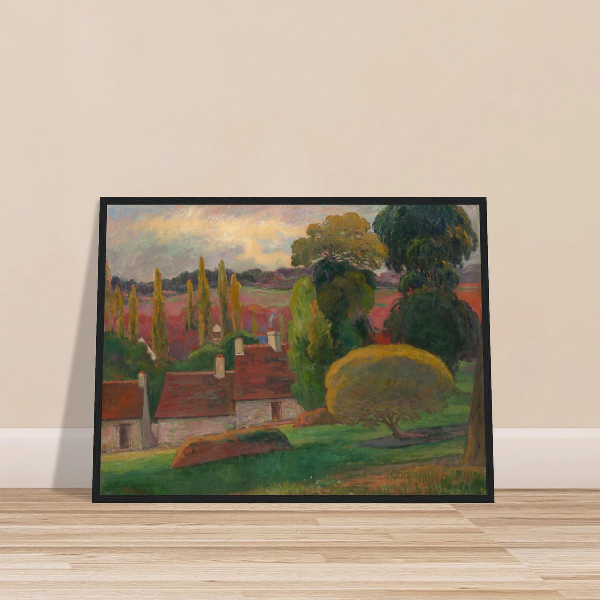 A Breton village with red-roofed houses and tall trees sits beneath a soft pastel sky.