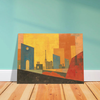 A stylized cityscape with warm yellow and orange tones, blue geometric buildings, and abstract architectural silhouettes.