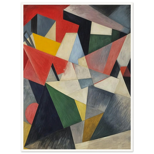 An abstract painting with various geometric shapes in bold colors like red, green, yellow, and gray, creating a dynamic composition.