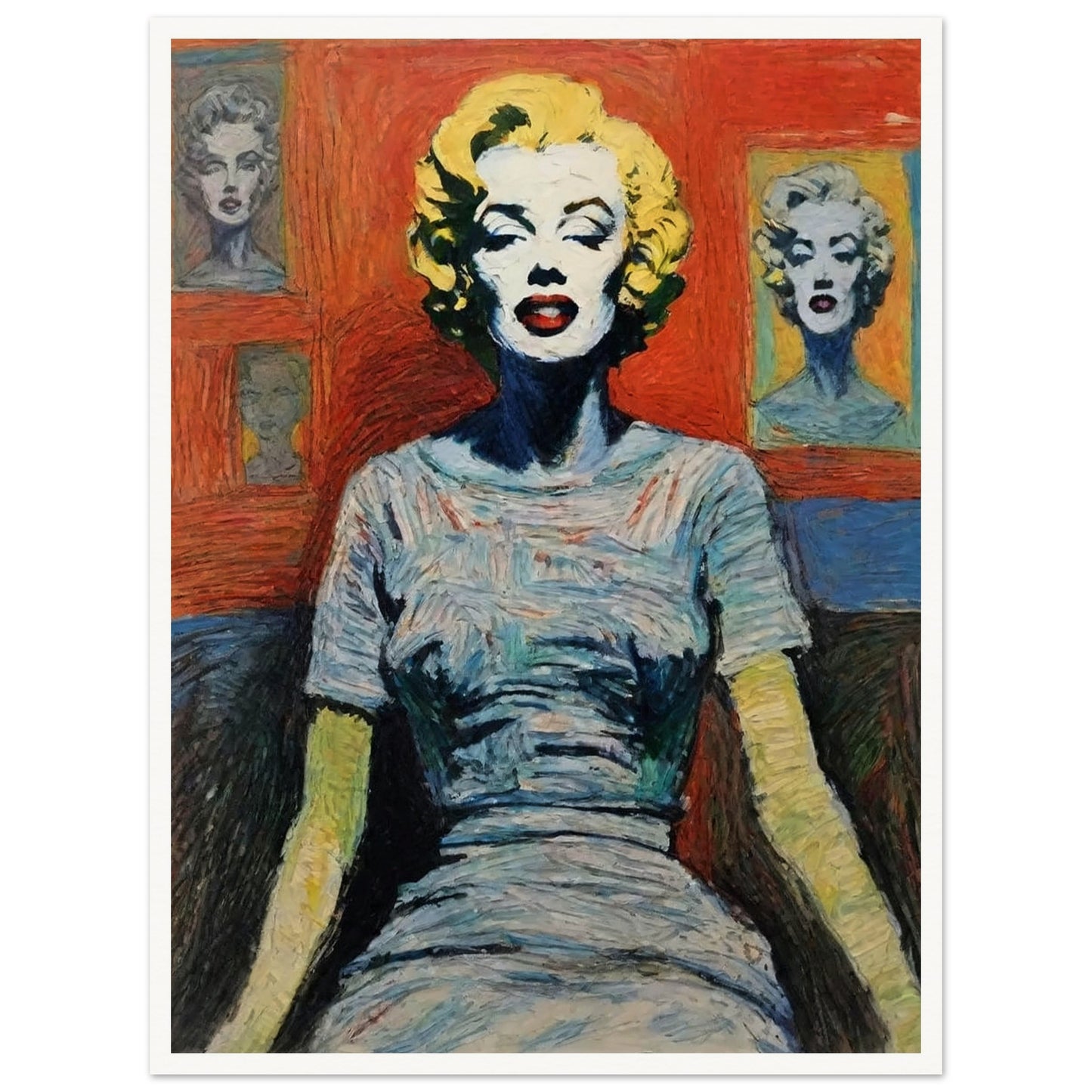 A colorful painting of a woman with blonde hair and vibrant makeup, inspired by the style of Marilyn Monroe.