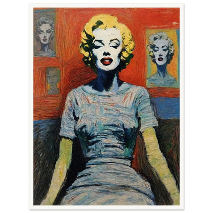 A colorful painting of a woman with blonde hair and vibrant makeup, inspired by the style of Marilyn Monroe.