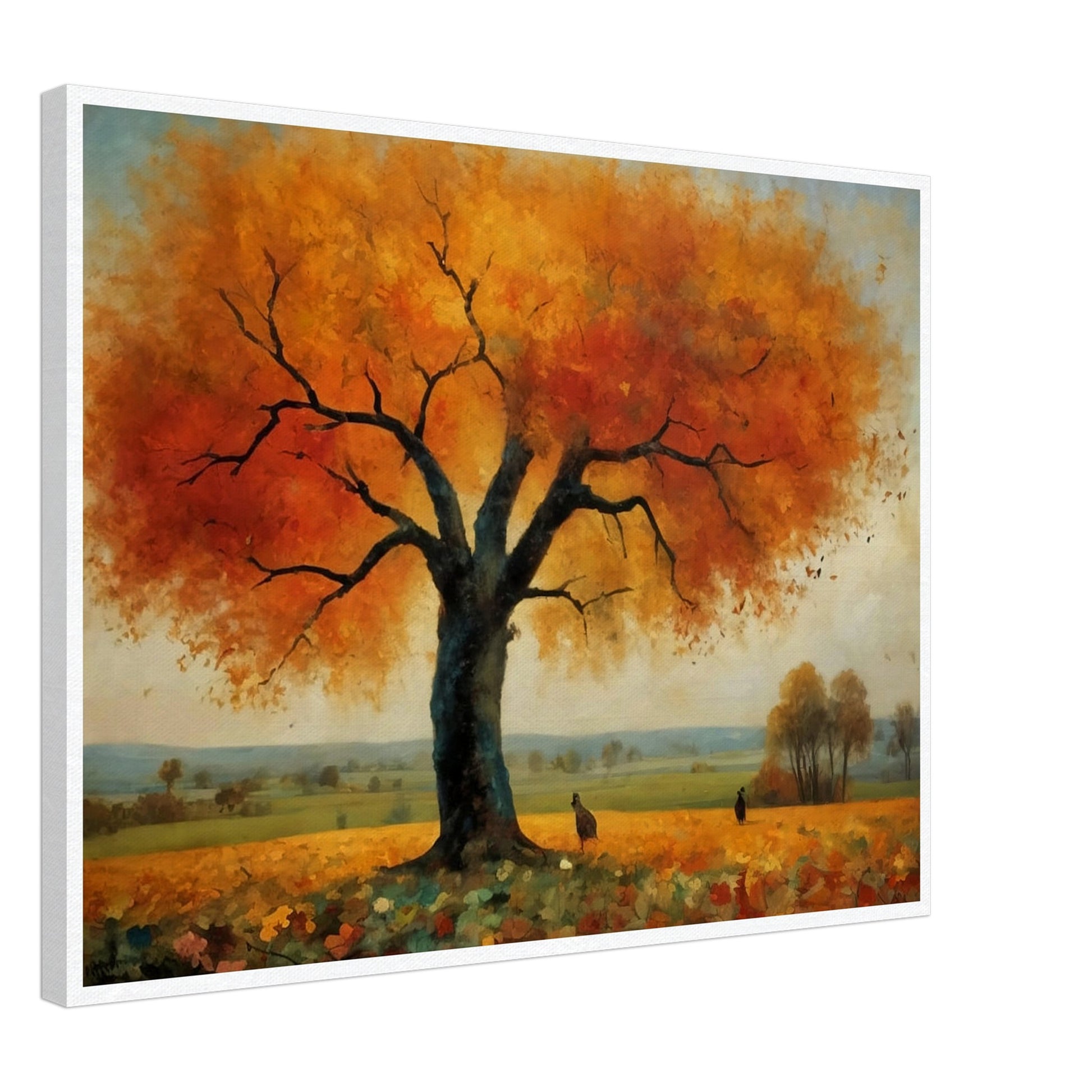 "A breathtaking landscape featuring a large tree with vibrant orange and yellow autumn leaves, set against a tranquil countryside."