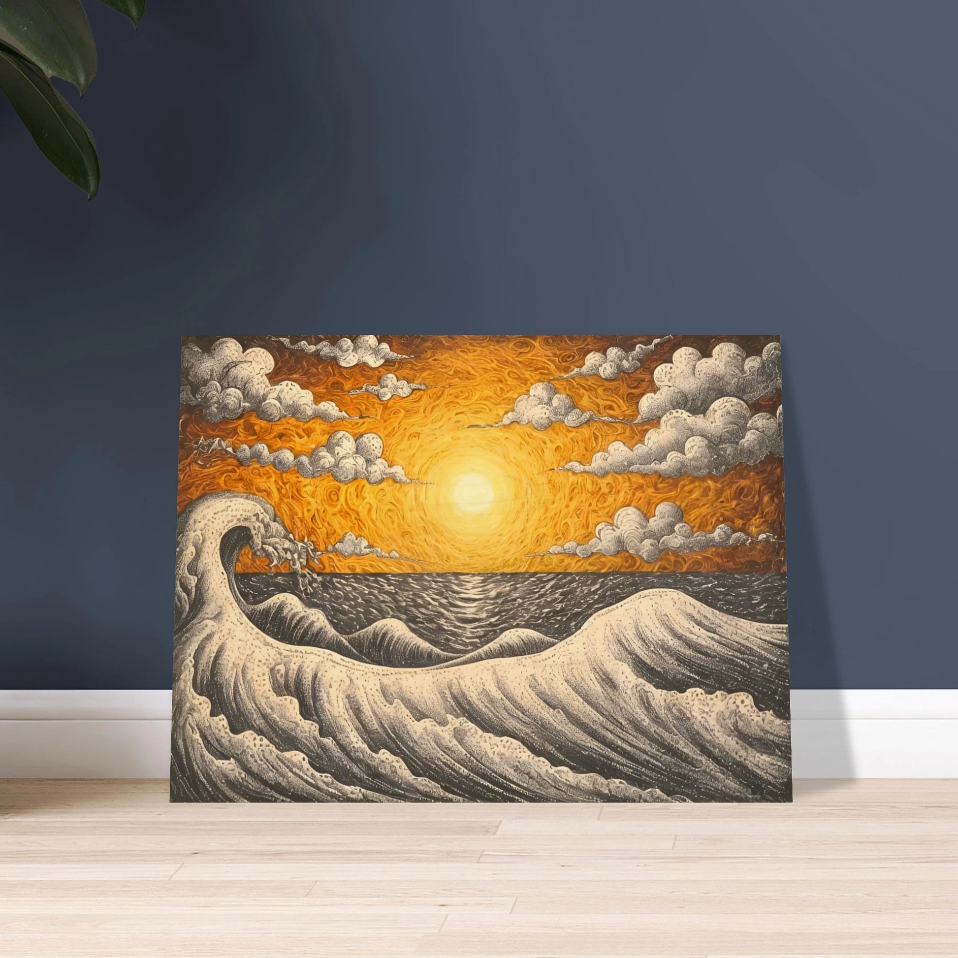 Fiery orange sunset over turbulent black-and-white waves with swirling clouds in a textured seascape.