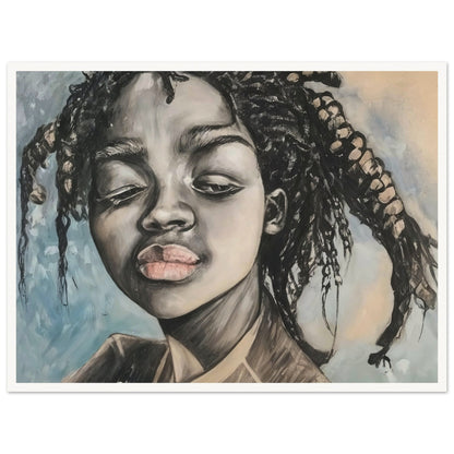 A powerful portrait painting of a young girl with braided hair. The artwork focuses on her expressive face, capturing a moment of contemplation or reflection. The use of monochromatic tones emphasizes the depth and emotion in her features, while subtle hints of color highlight her lips and the background, adding contrast and dimension.