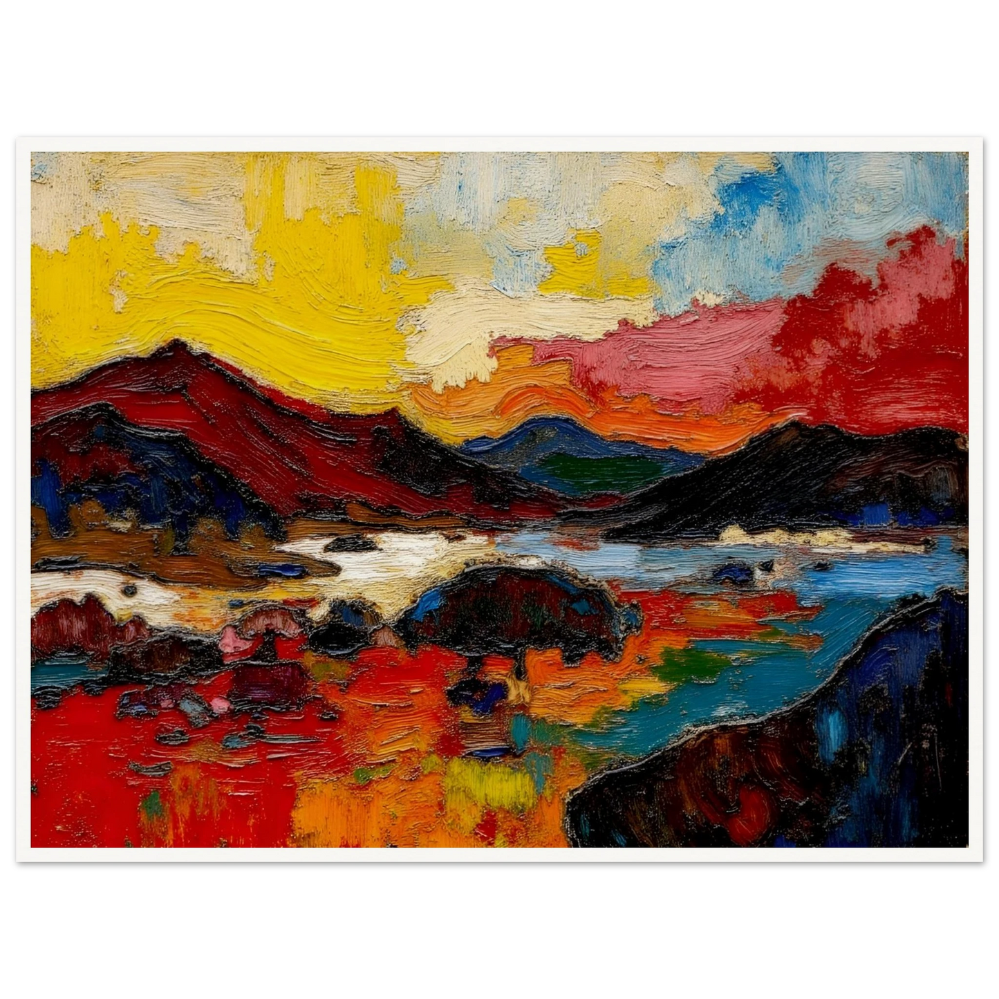 Bold red hills and blue water sit beneath a golden sky in a richly textured landscape.
