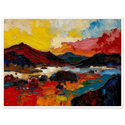 Bold red hills and blue water sit beneath a golden sky in a richly textured landscape.