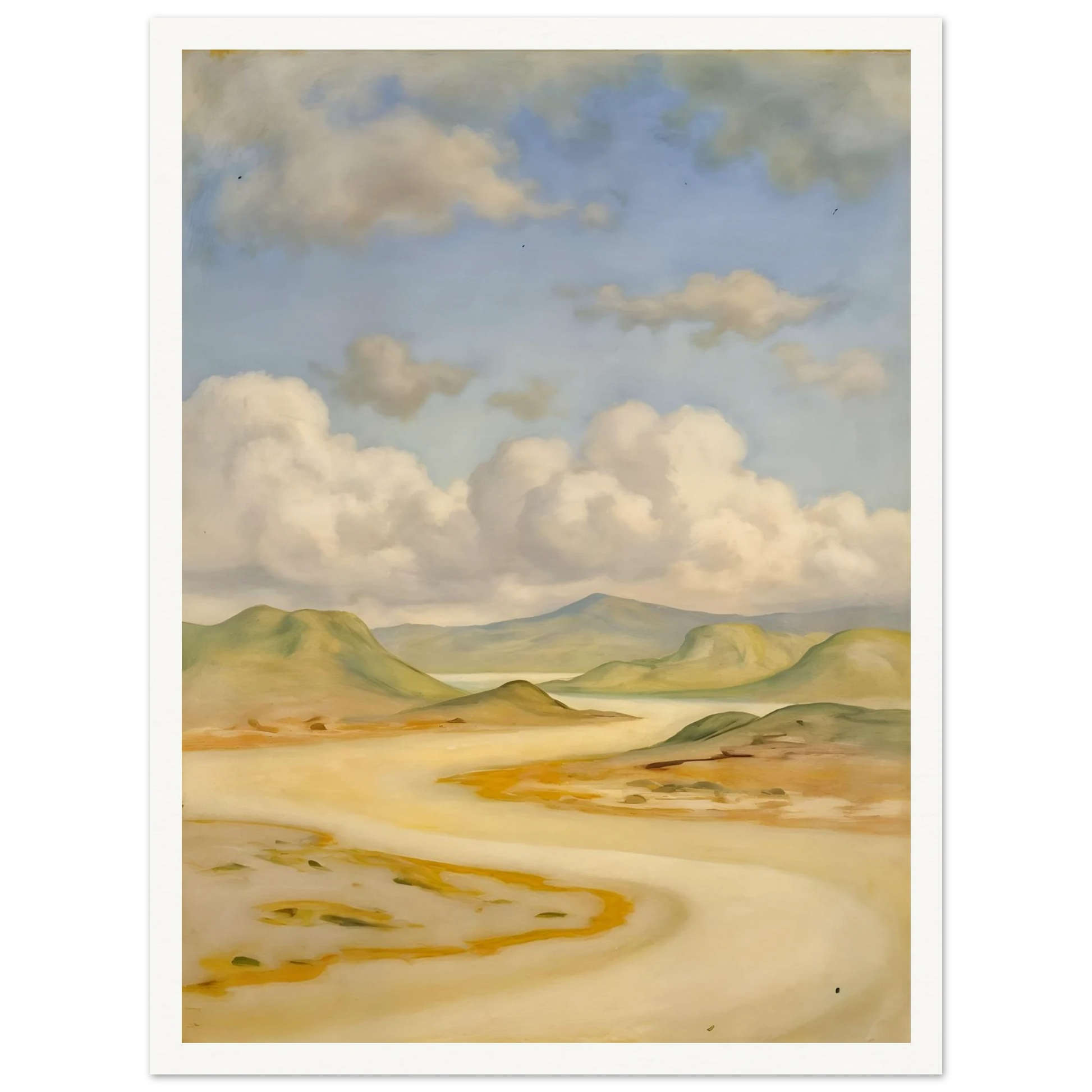 Soft clouds drift above pale hills, sandy curves, and quiet water under a blue sky.