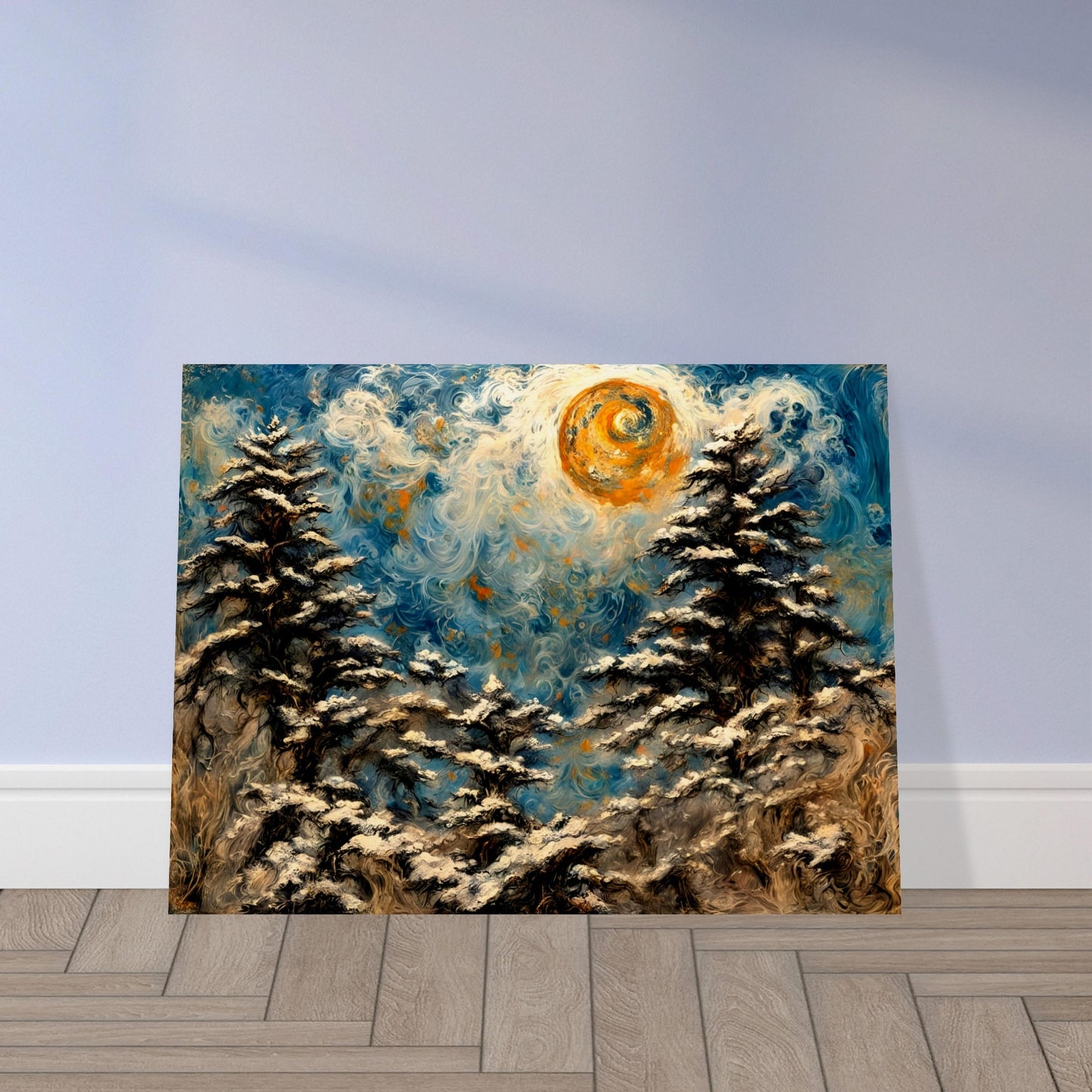 A mesmerizing winter landscape painting with swirling snow-covered trees, a glowing golden sun, and a vibrant blue sky with intricate textures.
