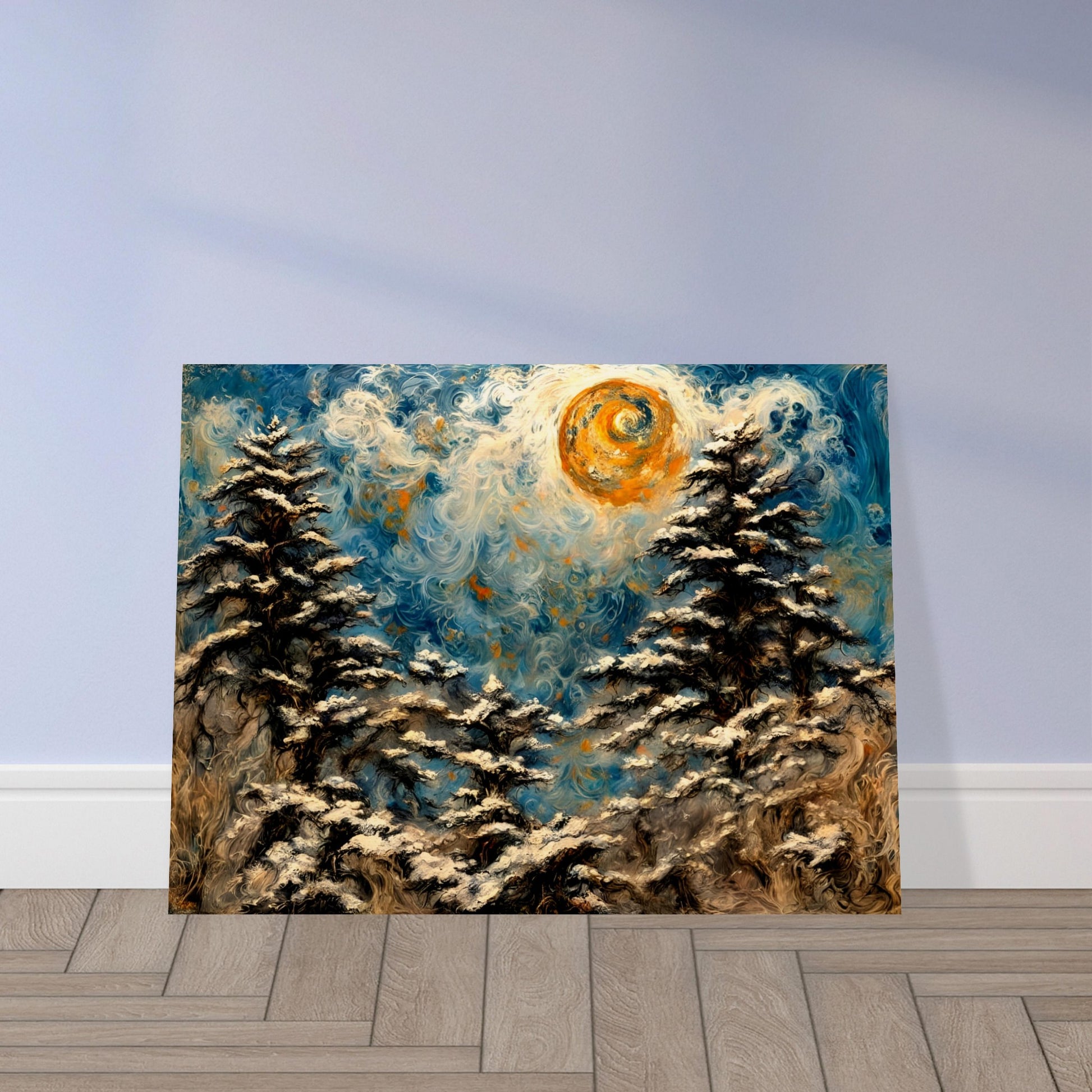 A mesmerizing winter landscape painting with swirling snow-covered trees, a glowing golden sun, and a vibrant blue sky with intricate textures.