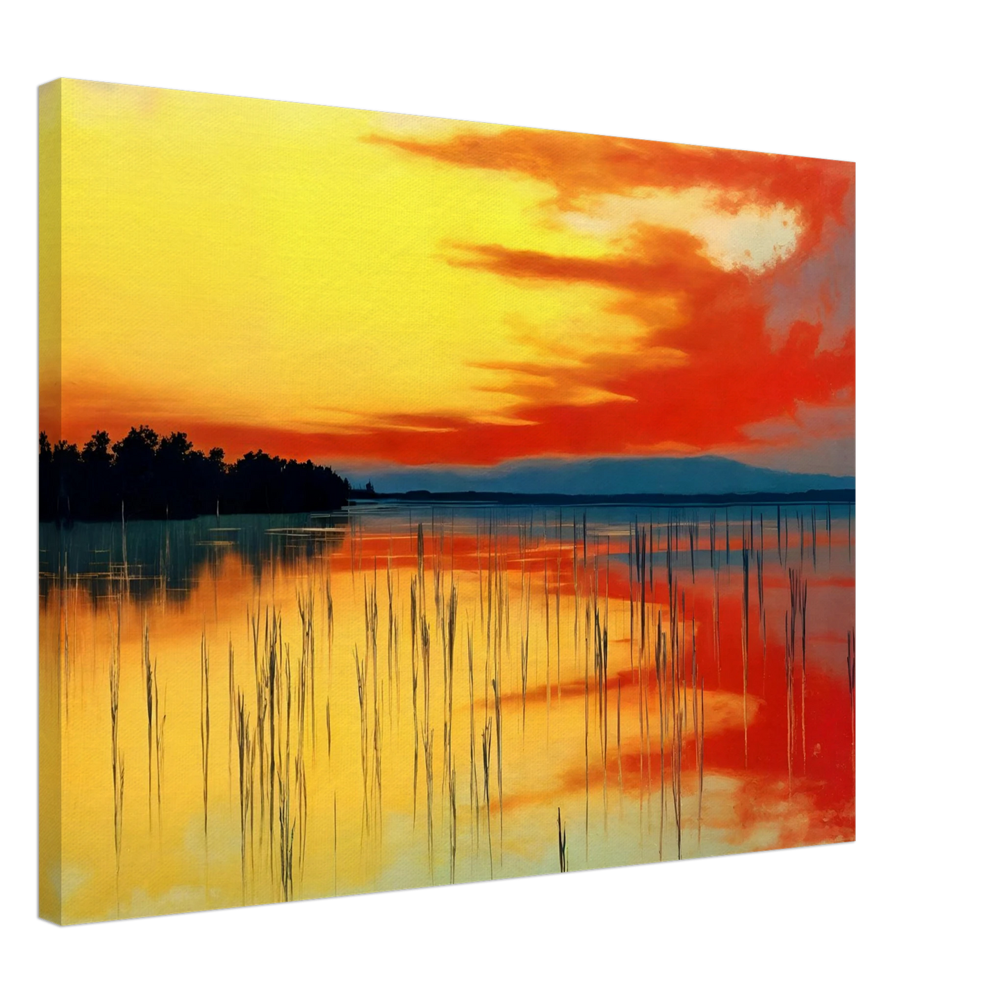 A vivid sunset over calm waters, where orange and yellow hues mirror the sky’s fiery glow and reeds stand in quiet balance.