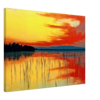 A vivid sunset over calm waters, where orange and yellow hues mirror the sky’s fiery glow and reeds stand in quiet balance.