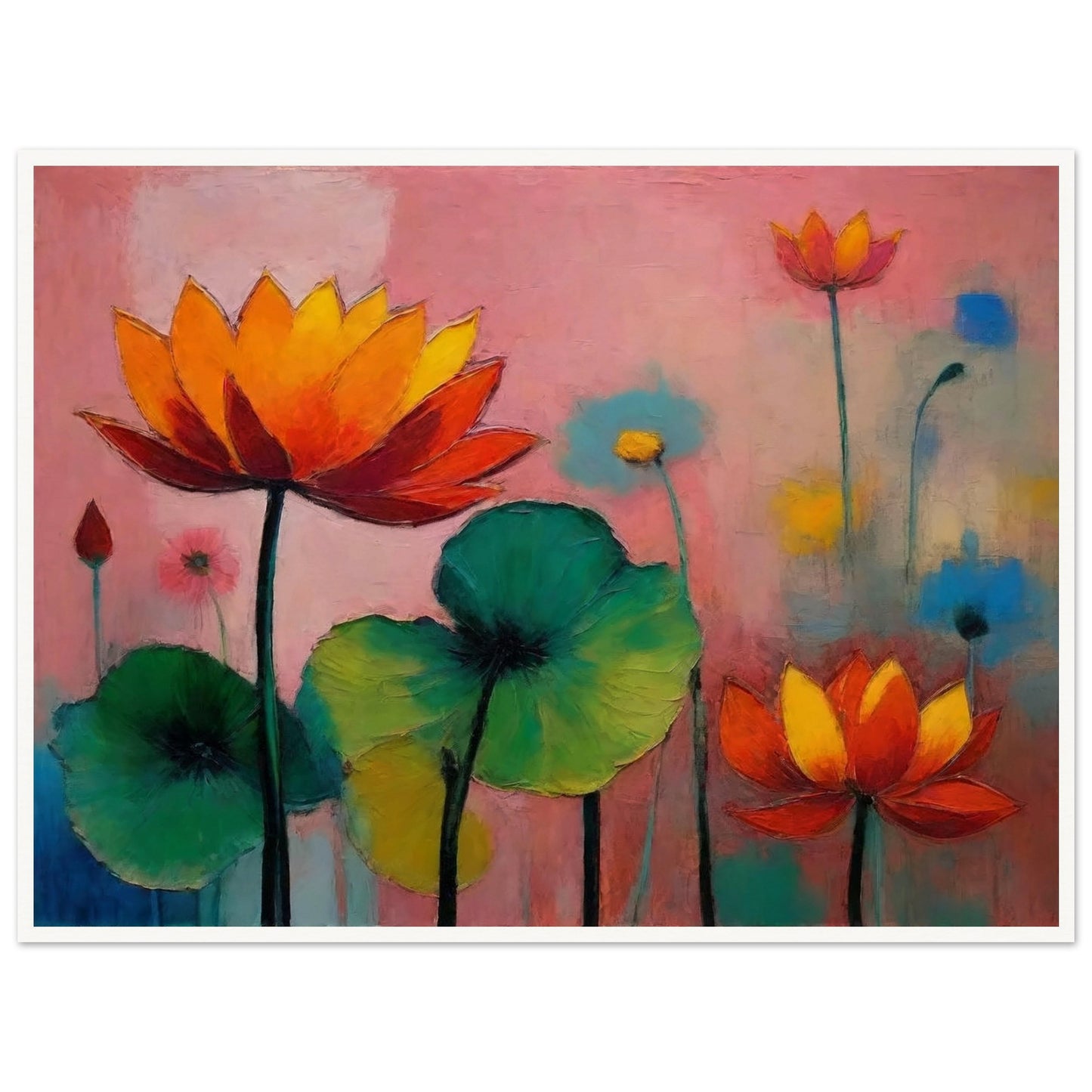 Colorful painting of blooming lotus flowers with vivid orange, red, and green hues against a soft pink and blue background.