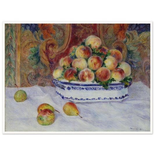 Peaches fill a blue and white bowl on a cloth-covered table with fruit in front