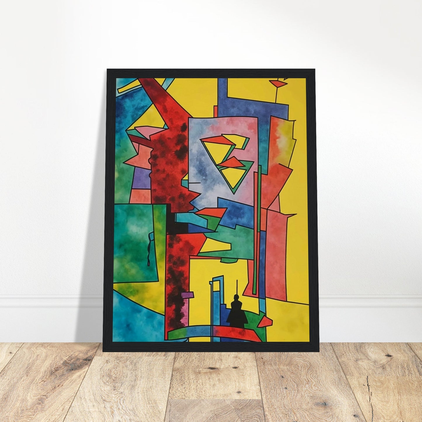 Abstract geometric artwork featuring vibrant shapes and bold colors, evoking a dynamic urban landscape.