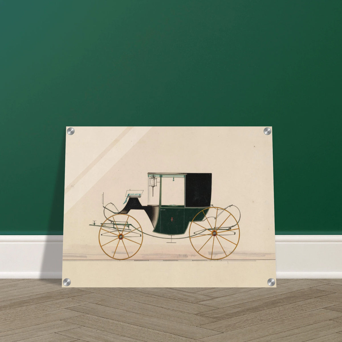 A green and black brougham carriage with yellow wheels is shown in side profile on a pale ground.