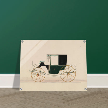 A green and black brougham carriage with yellow wheels is shown in side profile on a pale ground.
