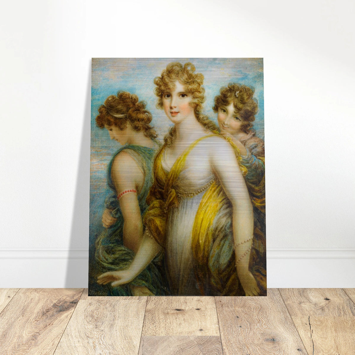 Three classical women in flowing drapery pose together against a soft blue sky.