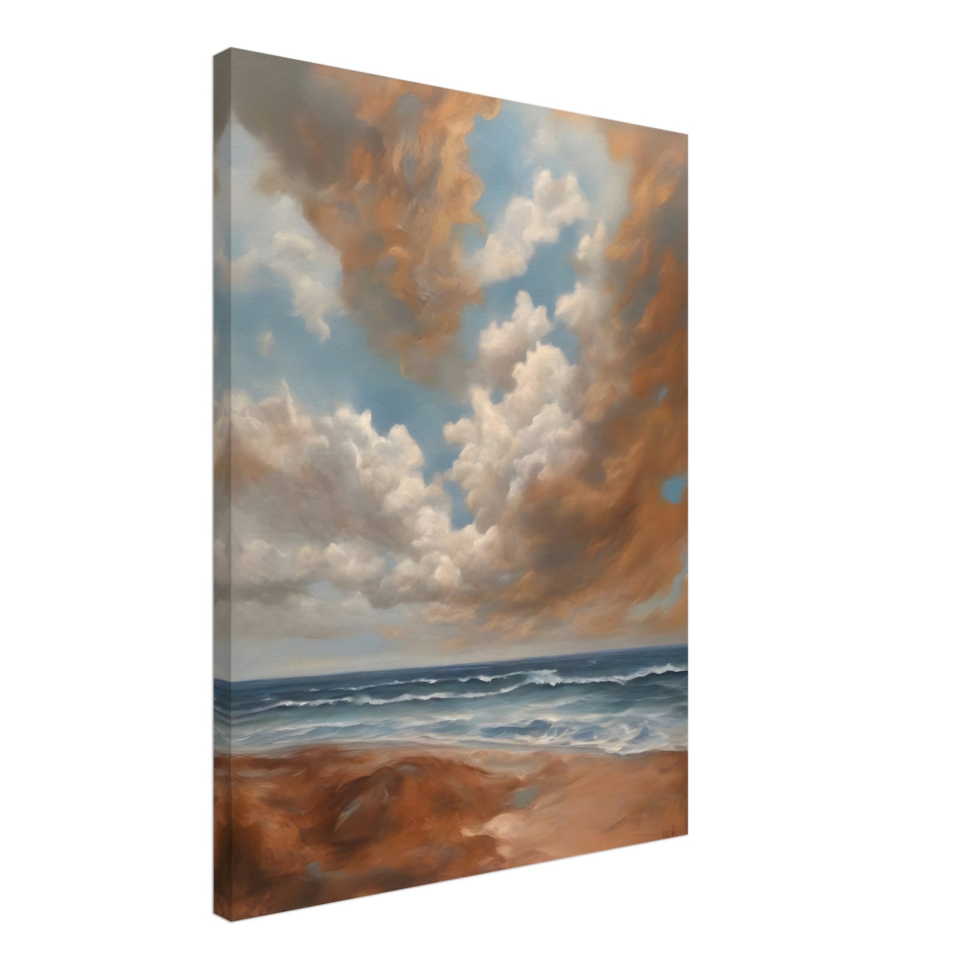 A breathtaking seascape with soft waves rolling onto a sandy shore beneath a sky filled with billowing golden clouds against a serene blue backdrop.