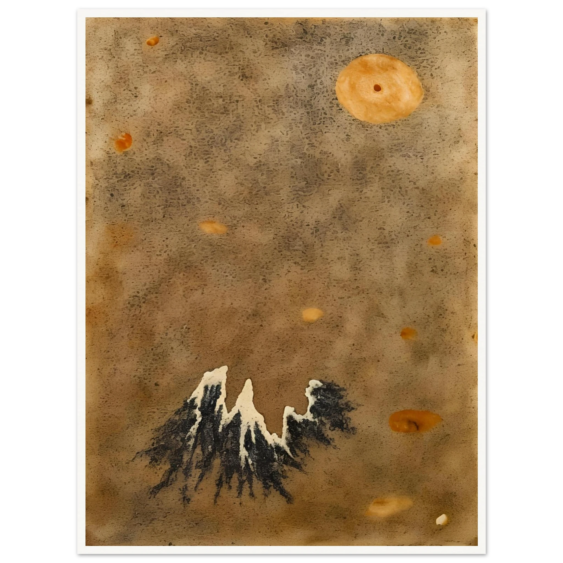 Snow-capped black mountain rises below a hazy orange moon in a muted, dust-toned sky.