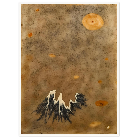 Snow-capped black mountain rises below a hazy orange moon in a muted, dust-toned sky.
