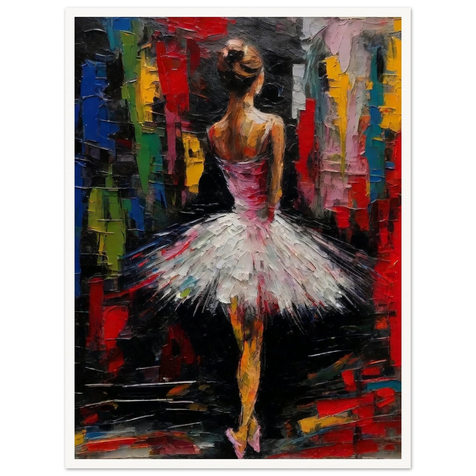 An expressive painting of a ballerina in a white tutu, standing against a vibrant, abstract background.